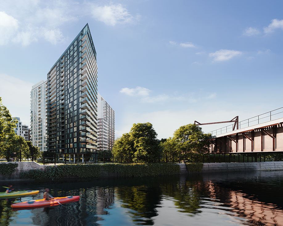 Wellington sur le Bassin Condos, Montréal. Artist’s rendering.